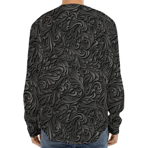 Black Western Damask Floral Print Long Sleeve Baseball Jersey