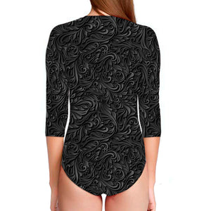 Black Western Damask Floral Print Long Sleeve Swimsuit