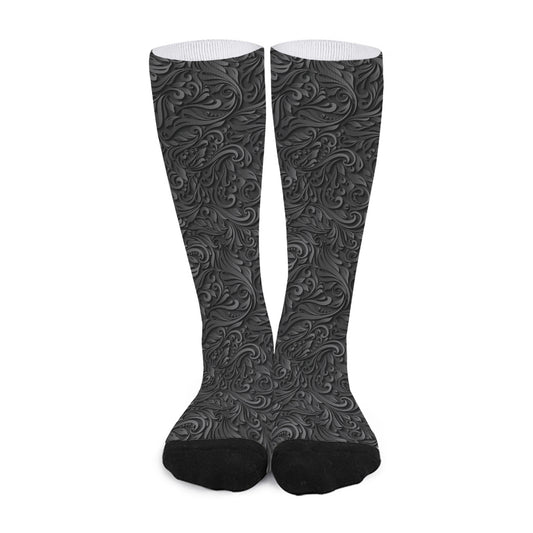 Black Western Damask Floral Print Long Socks