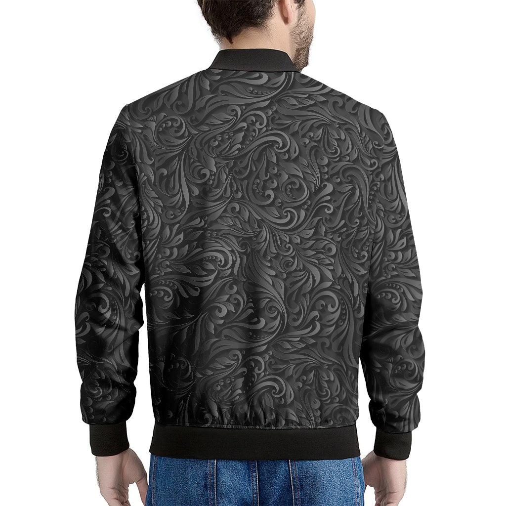 Black Western Damask Floral Print Men's Bomber Jacket