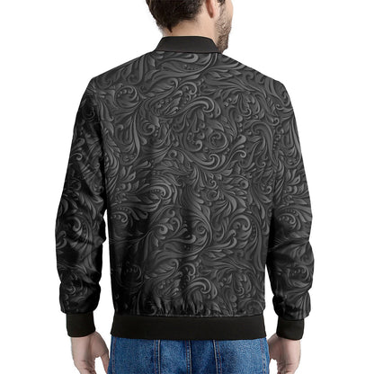 Black Western Damask Floral Print Men's Bomber Jacket