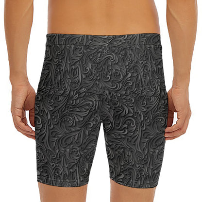 Black Western Damask Floral Print Men's Long Boxer Briefs