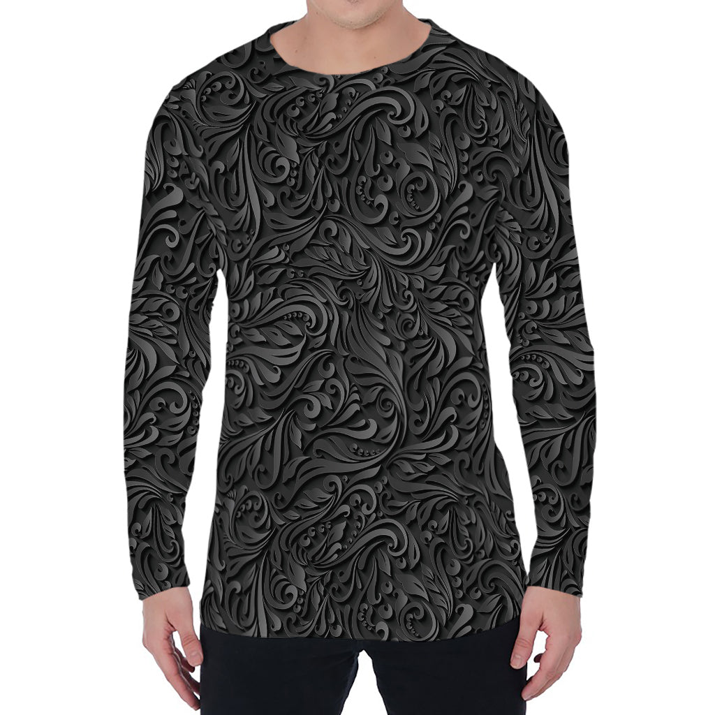 Black Western Damask Floral Print Men's Long Sleeve T-Shirt