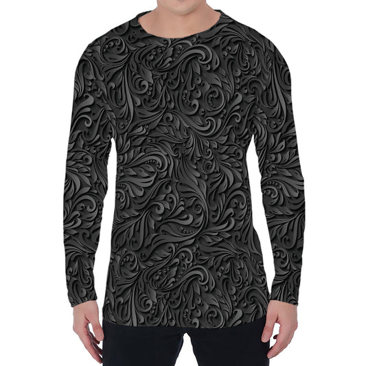 Black Western Damask Floral Print Men's Long Sleeve T-Shirt