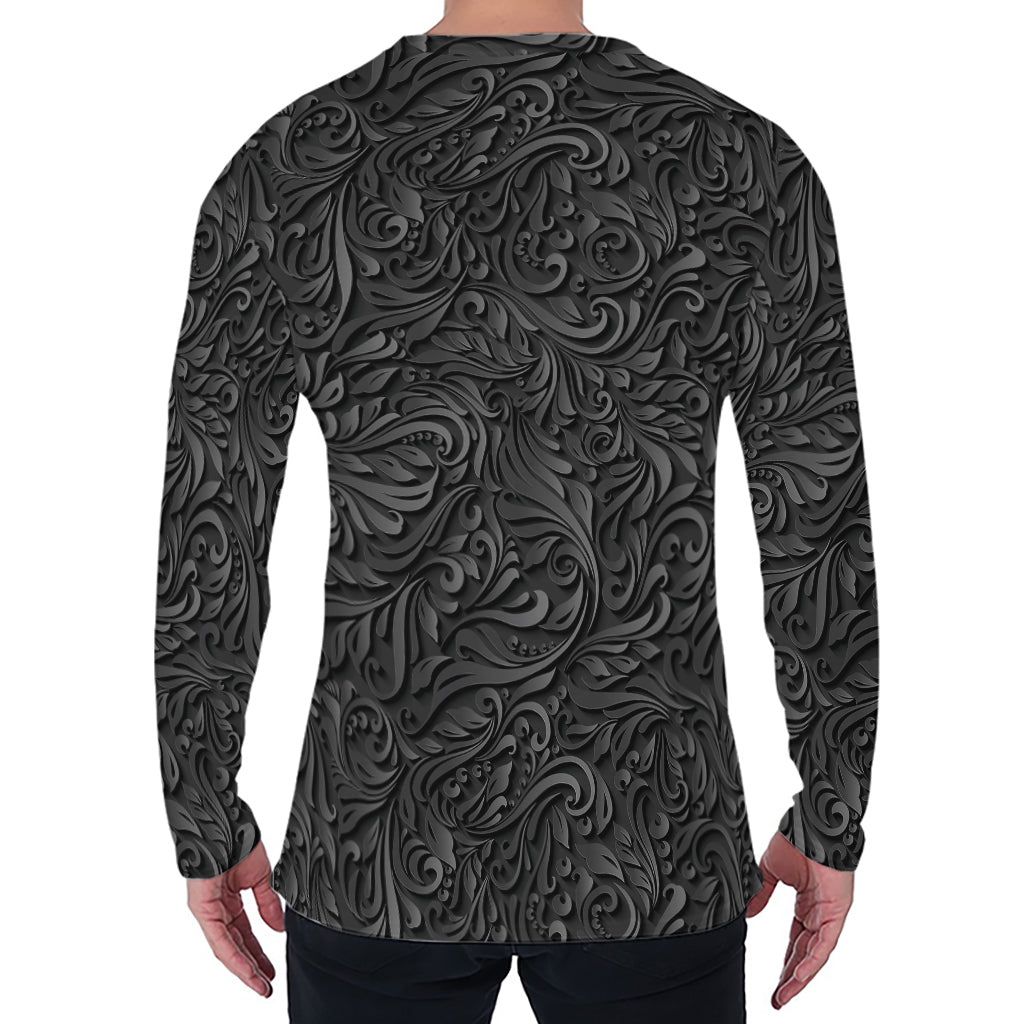 Black Western Damask Floral Print Men's Long Sleeve T-Shirt