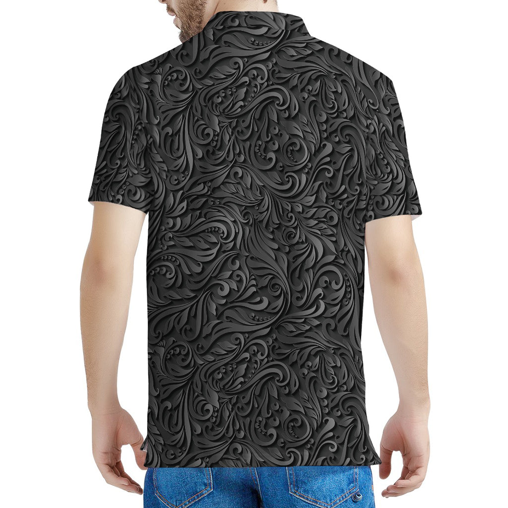 Black Western Damask Floral Print Men's Polo Shirt