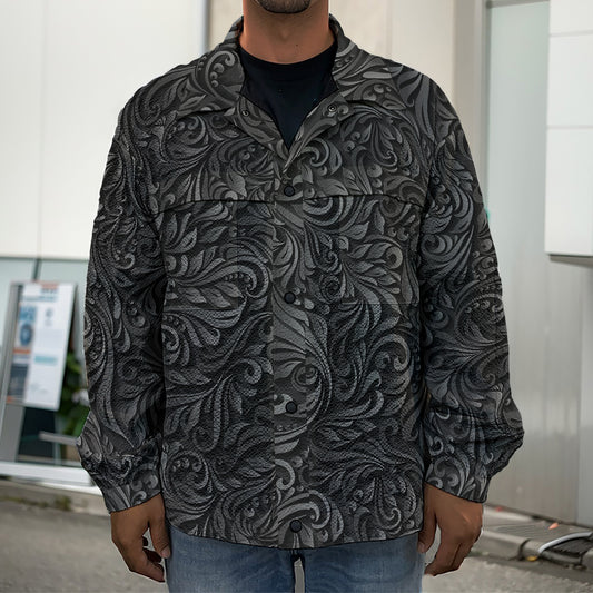Black Western Damask Floral Print Men's Shirt Jacket