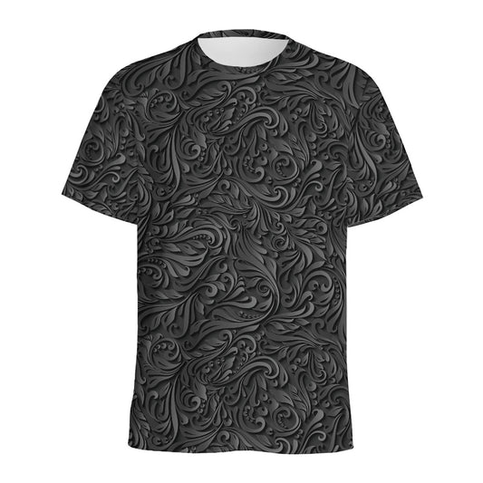 Black Western Damask Floral Print Men's Sports T-Shirt