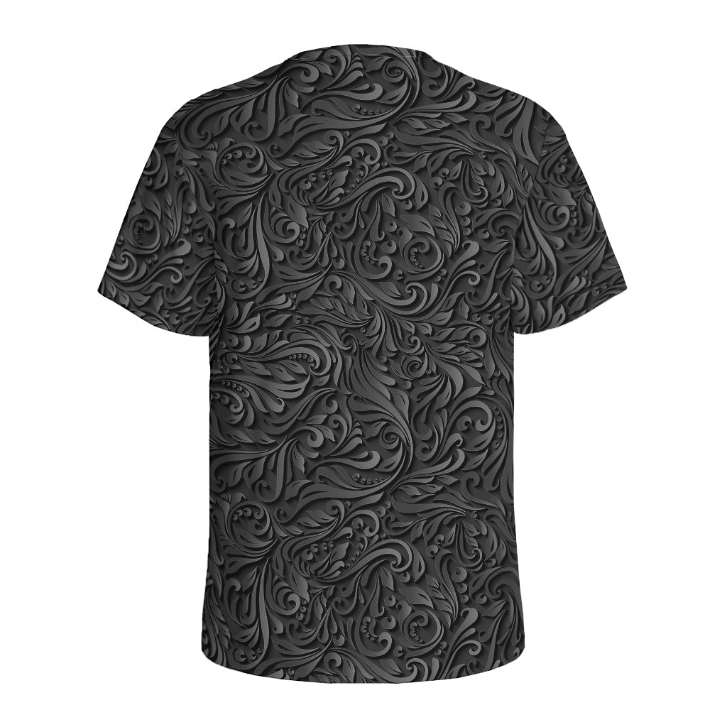 Black Western Damask Floral Print Men's Sports T-Shirt