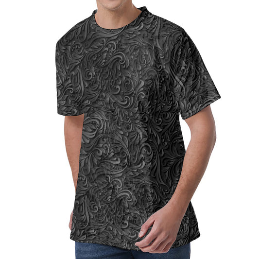 Black Western Damask Floral Print Men's Velvet T-Shirt