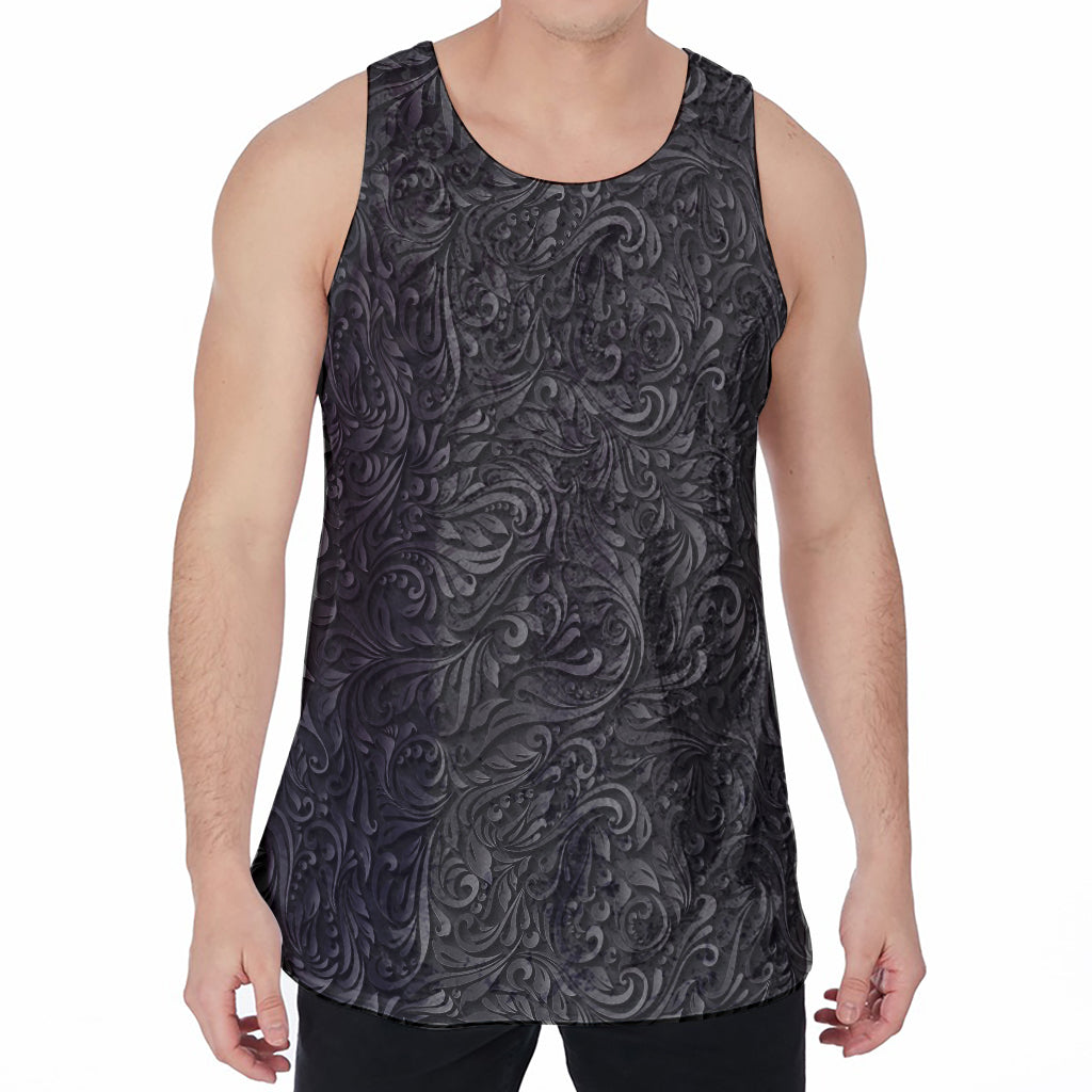 Black Western Damask Floral Print Men's Velvet Tank Top