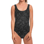 Black Western Damask Floral Print One Piece Swimsuit