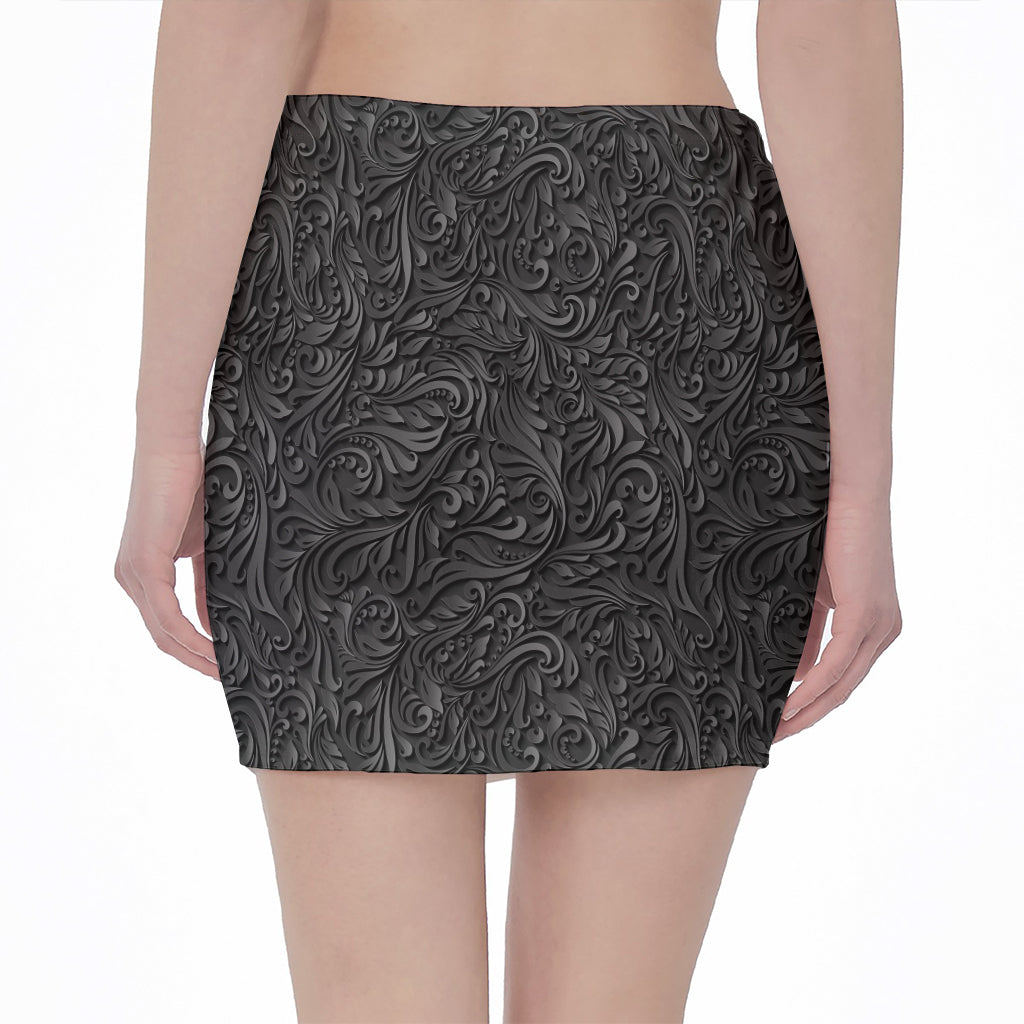 Black Western Damask Floral Print Pencil Mini Skirt