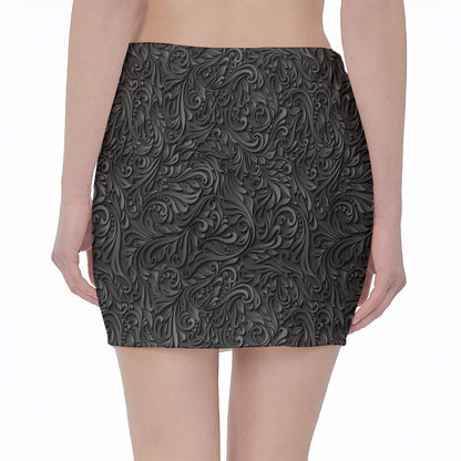 Black Western Damask Floral Print Pencil Mini Skirt