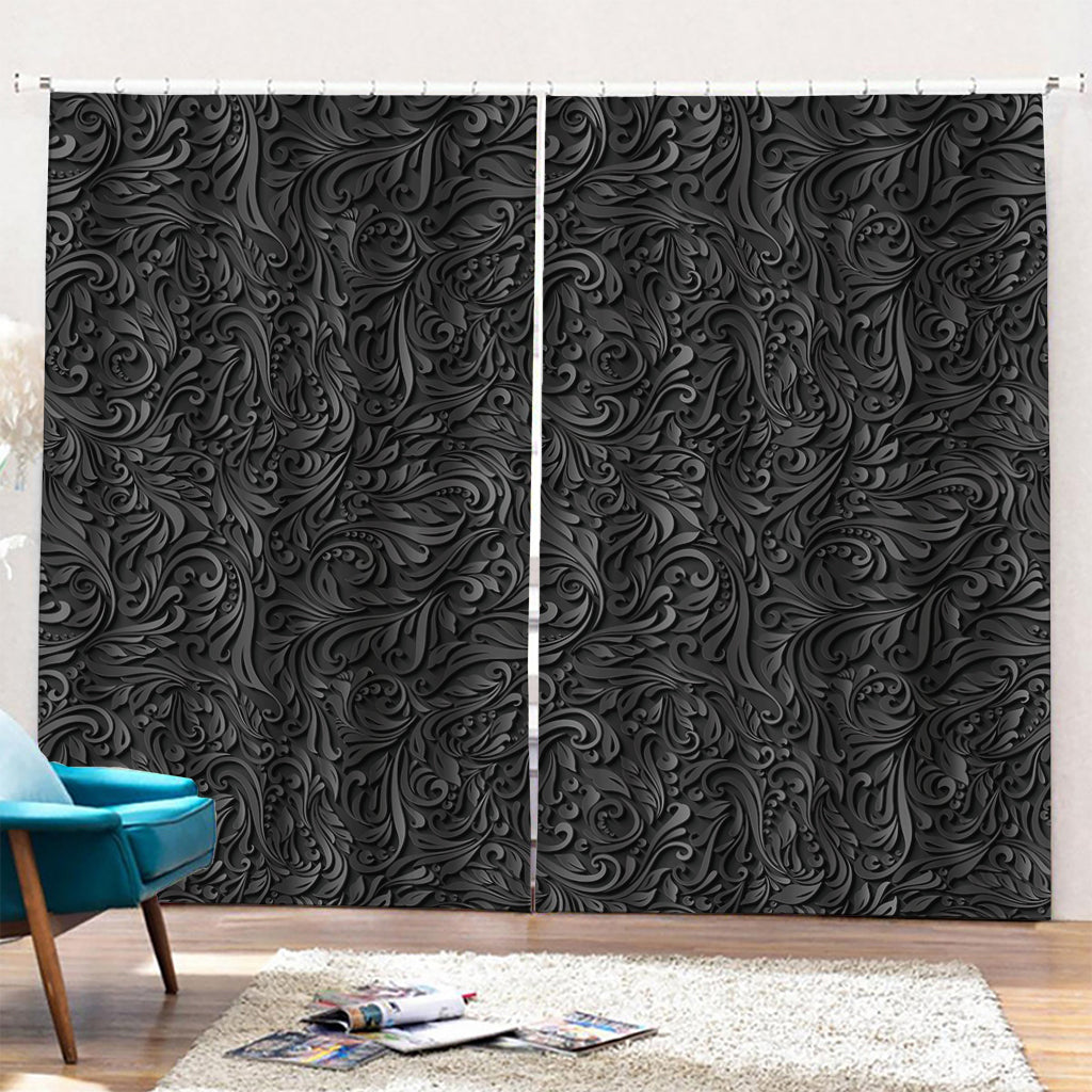 Black Western Damask Floral Print Pencil Pleat Curtains