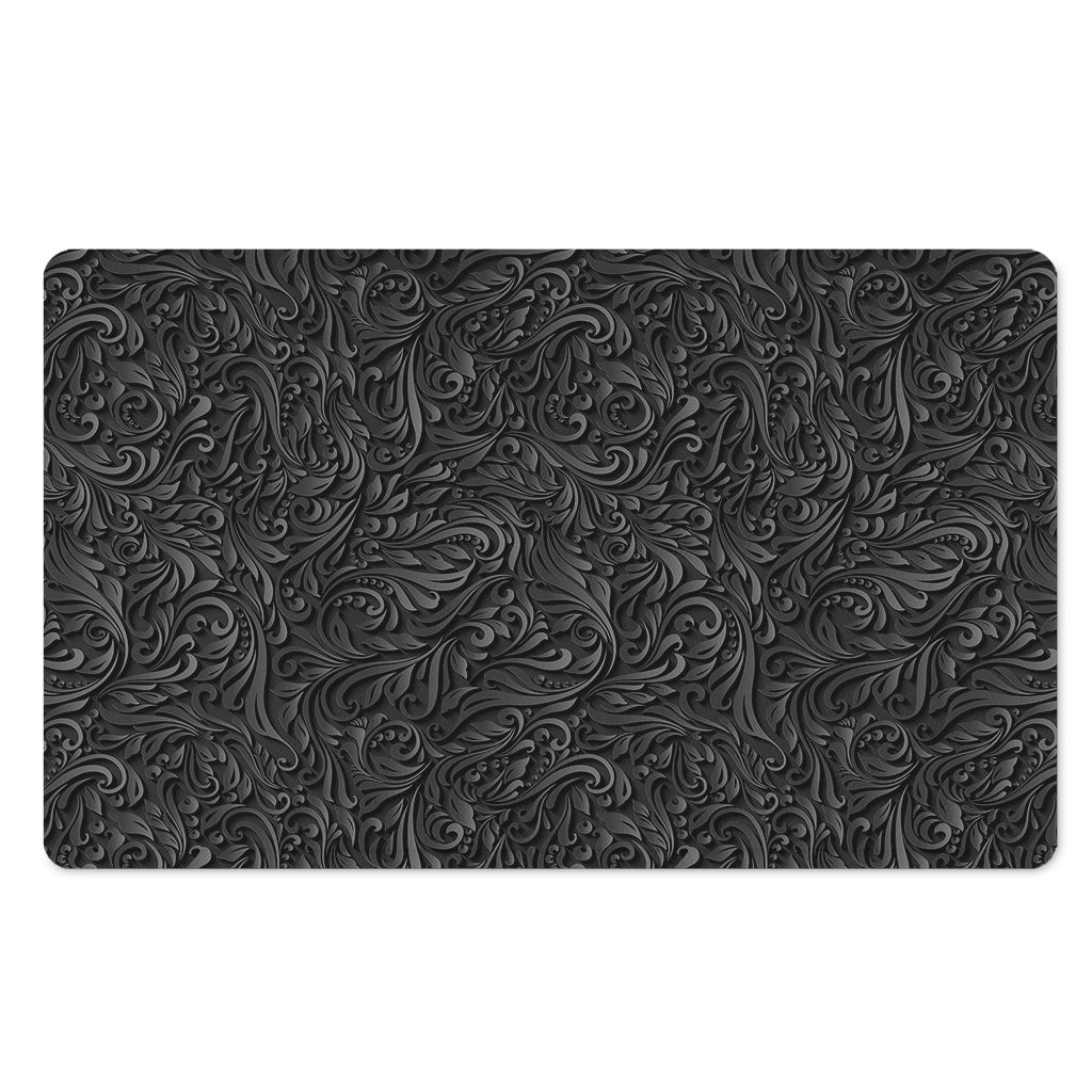 Black Western Damask Floral Print Polyester Doormat