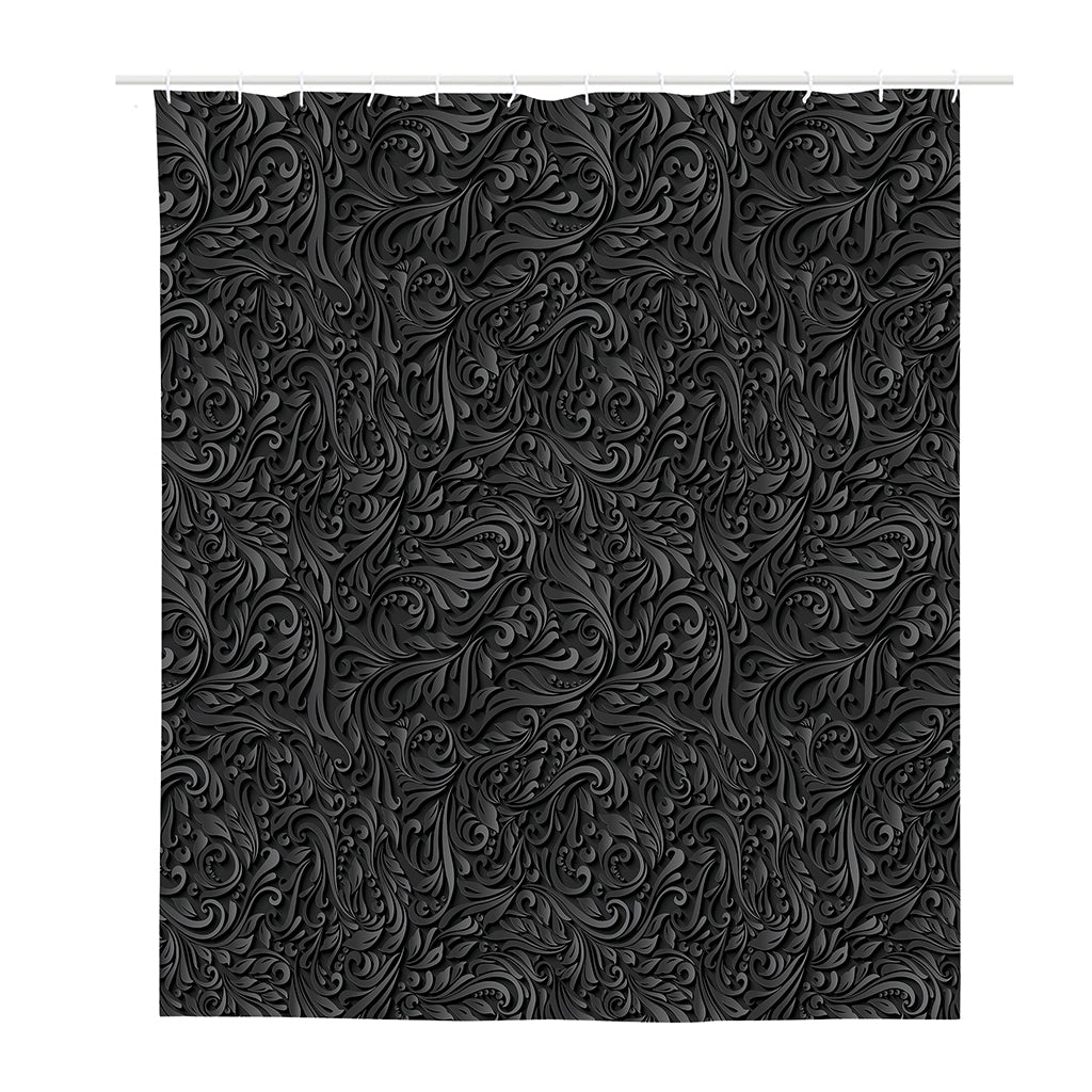 Black Western Damask Floral Print Polyester Shower Curtain