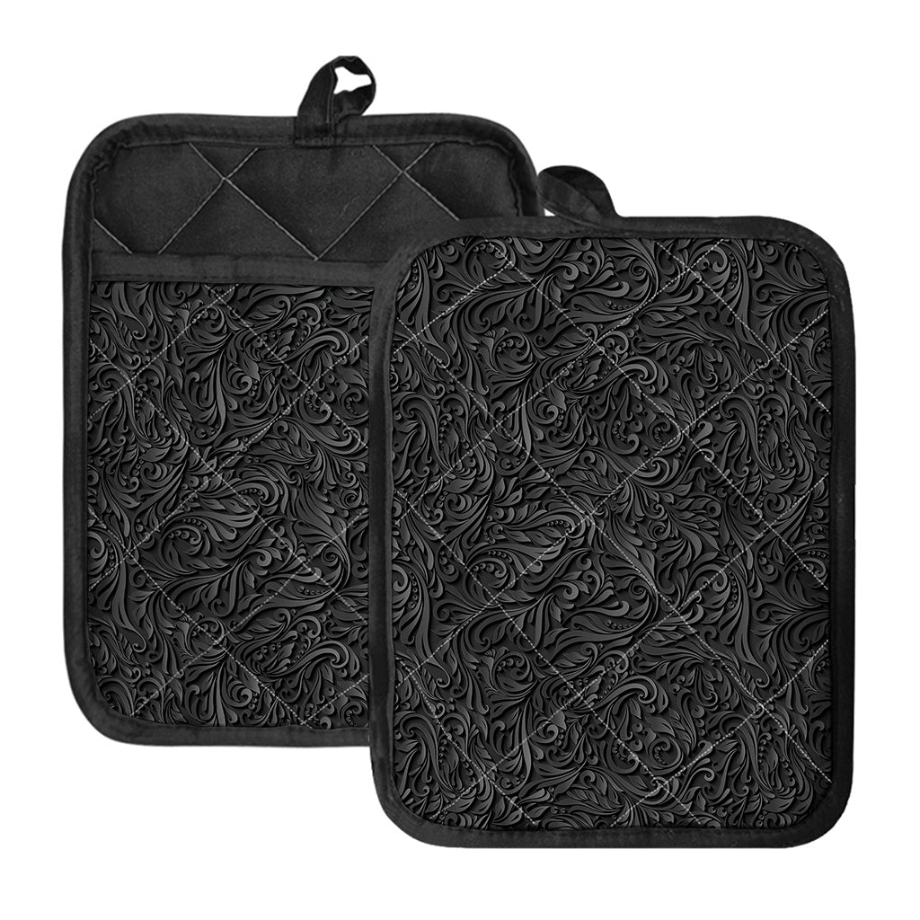 Black Western Damask Floral Print Pot Holders With Pocket
