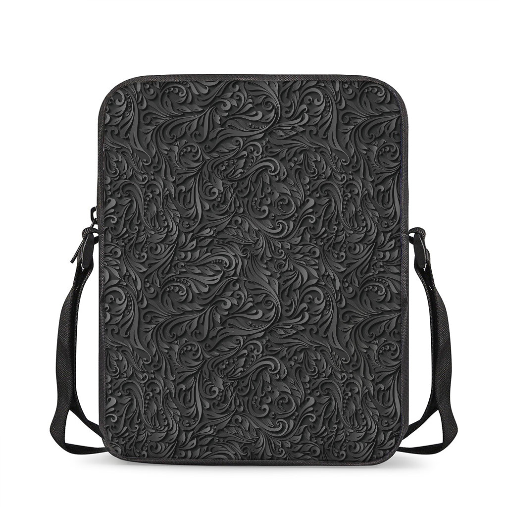 Black Western Damask Floral Print Rectangular Crossbody Bag