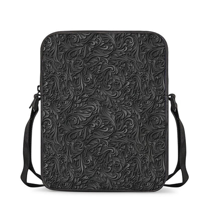 Black Western Damask Floral Print Rectangular Crossbody Bag