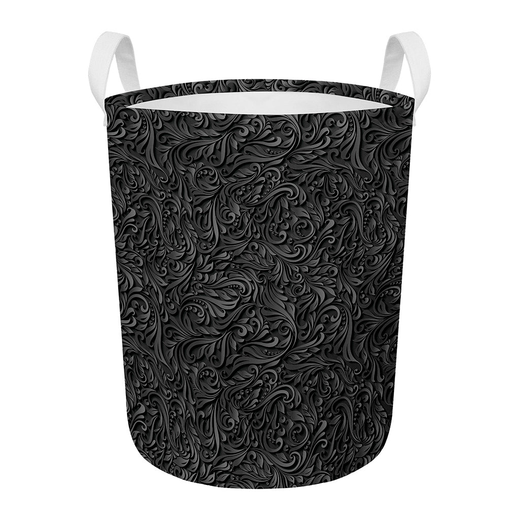 Black Western Damask Floral Print Round Laundry Basket