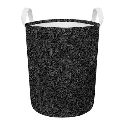 Black Western Damask Floral Print Round Laundry Basket