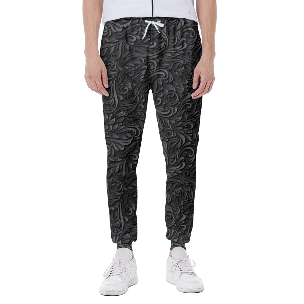 Black Western Damask Floral Print Scuba Joggers