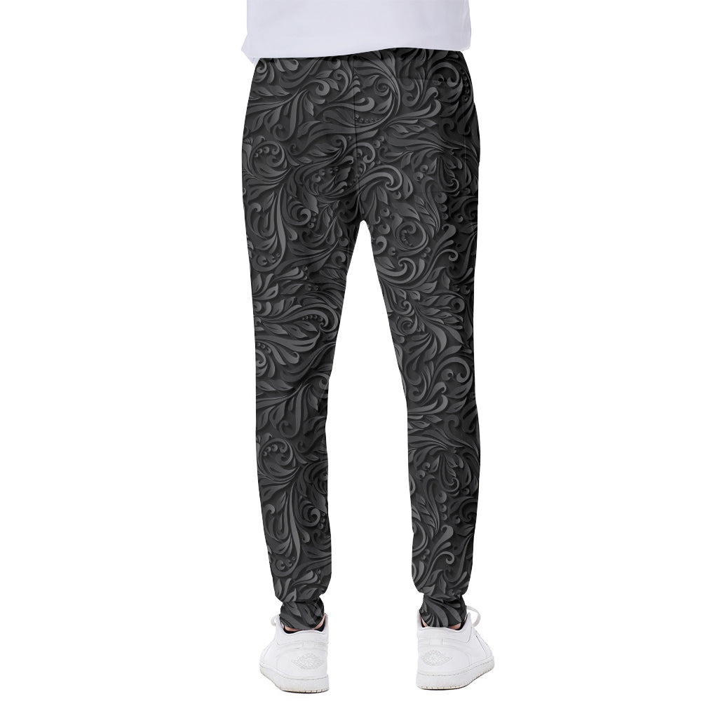 Black Western Damask Floral Print Scuba Joggers