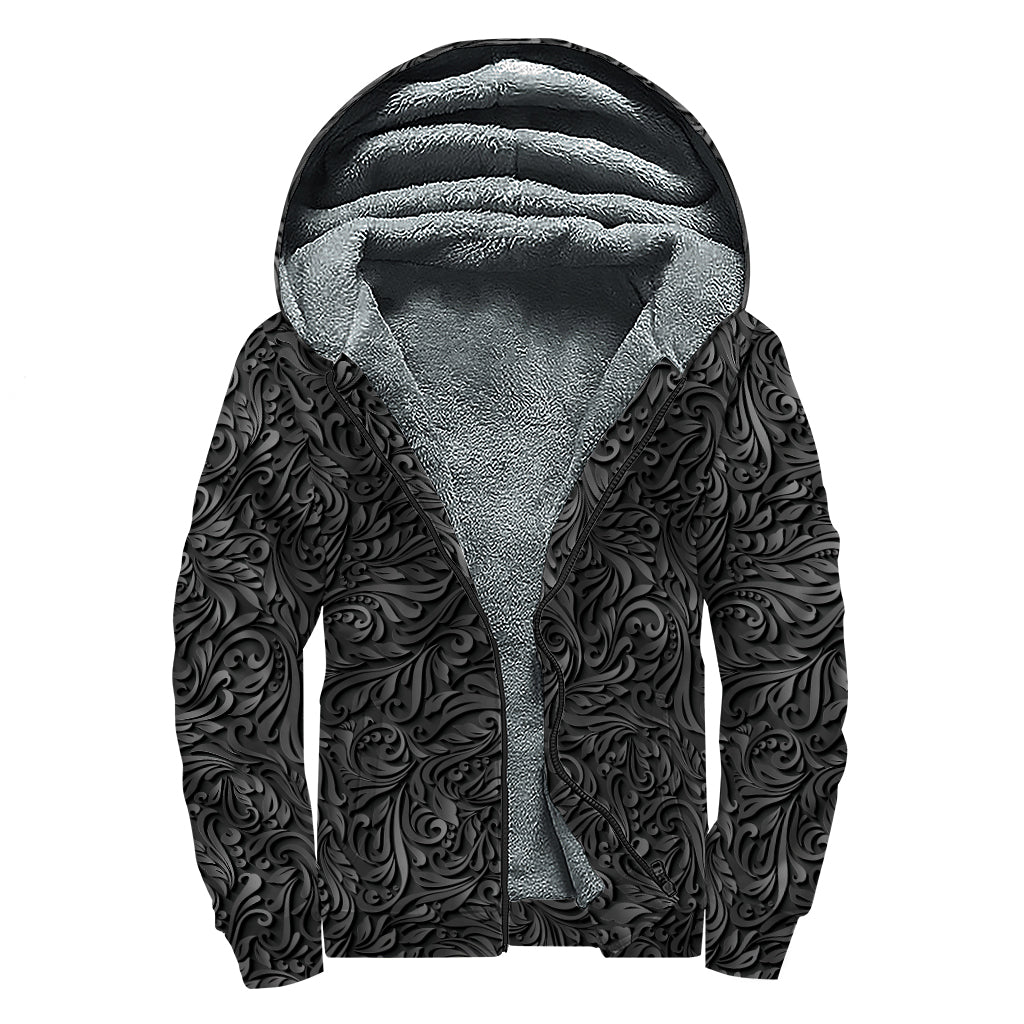Black Western Damask Floral Print Sherpa Lined Zip Up Hoodie