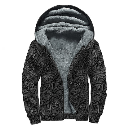 Black Western Damask Floral Print Sherpa Lined Zip Up Hoodie