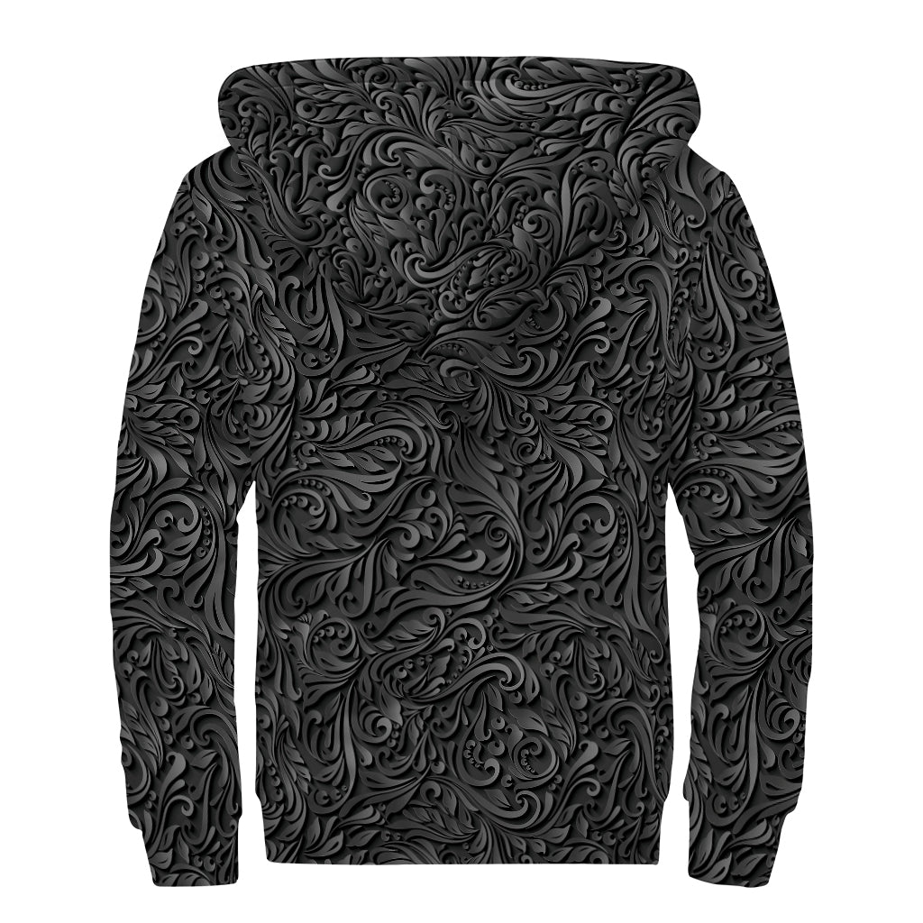 Black Western Damask Floral Print Sherpa Lined Zip Up Hoodie