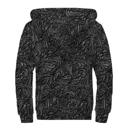 Black Western Damask Floral Print Sherpa Lined Zip Up Hoodie