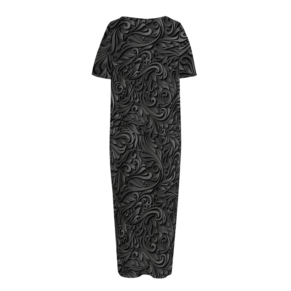 Black Western Damask Floral Print Short Sleeve Long Nightdress