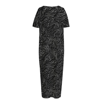 Black Western Damask Floral Print Short Sleeve Long Nightdress