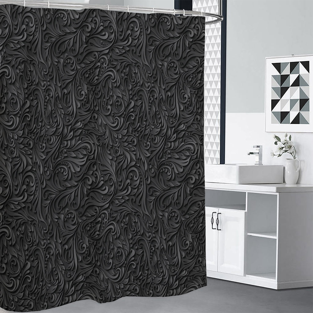 Black Western Damask Floral Print Shower Curtain