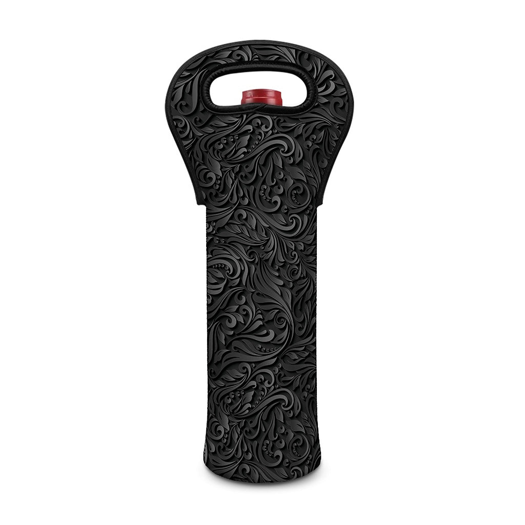 Black Western Damask Floral Print Single Neoprene Wine Tote