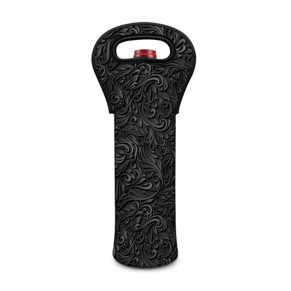Black Western Damask Floral Print Single Neoprene Wine Tote