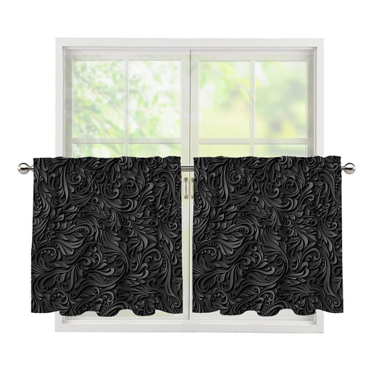 Black Western Damask Floral Print Tier Curtains