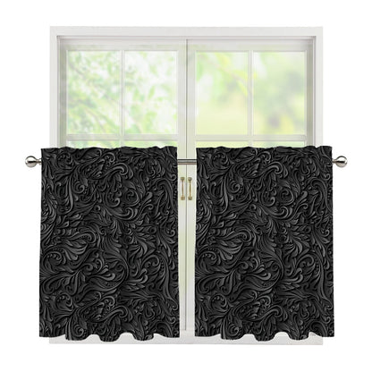 Black Western Damask Floral Print Tier Curtains