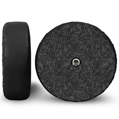 Black Western Damask Floral Print Tire Cover With Camera Hole