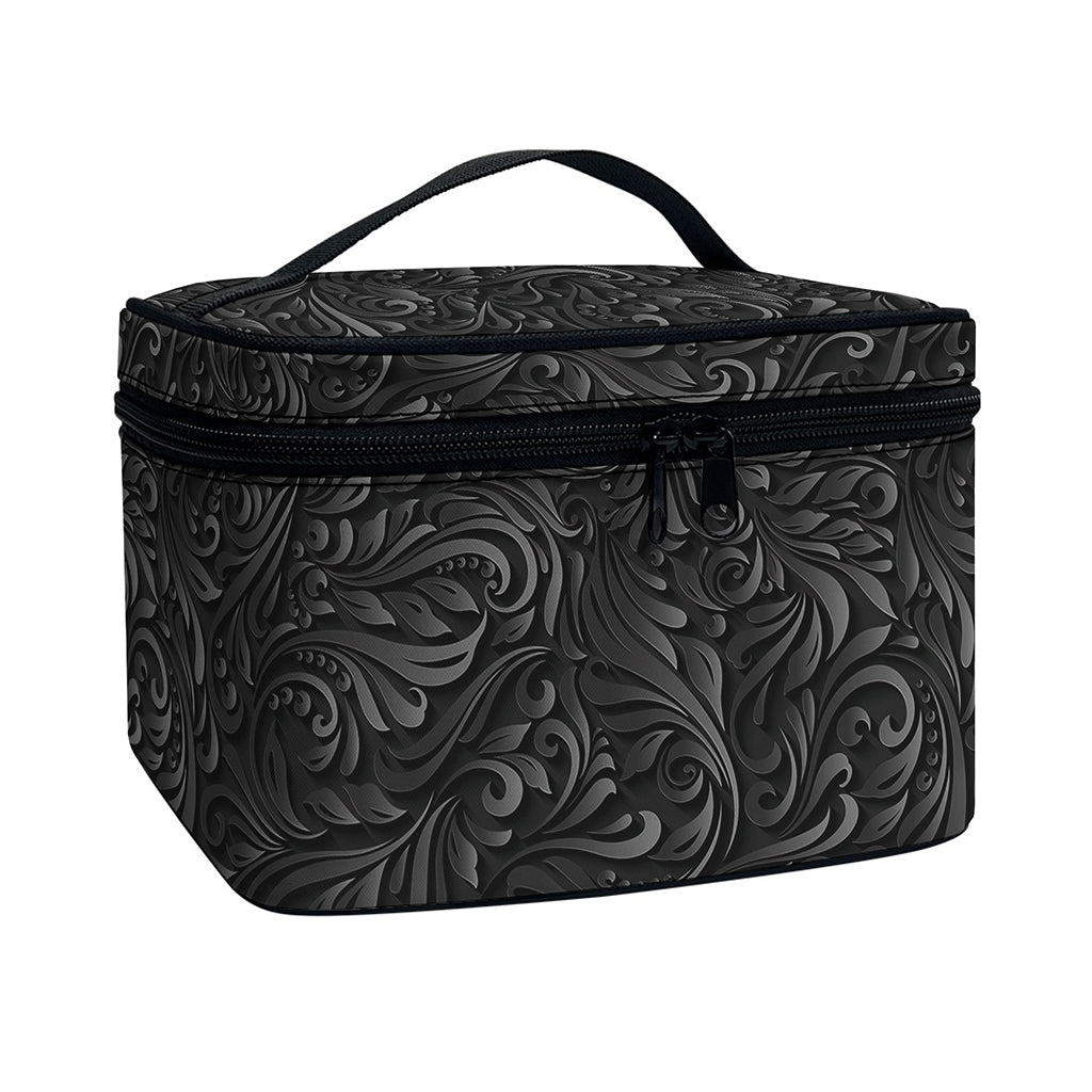 Black Western Damask Floral Print Travel Makeup Bag