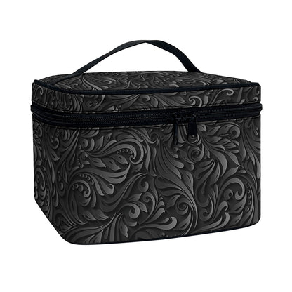 Black Western Damask Floral Print Travel Makeup Bag