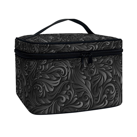Black Western Damask Floral Print Travel Makeup Bag