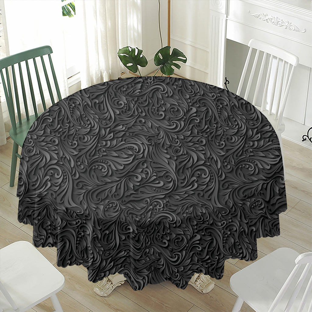 Black Western Damask Floral Print Waterproof Round Tablecloth