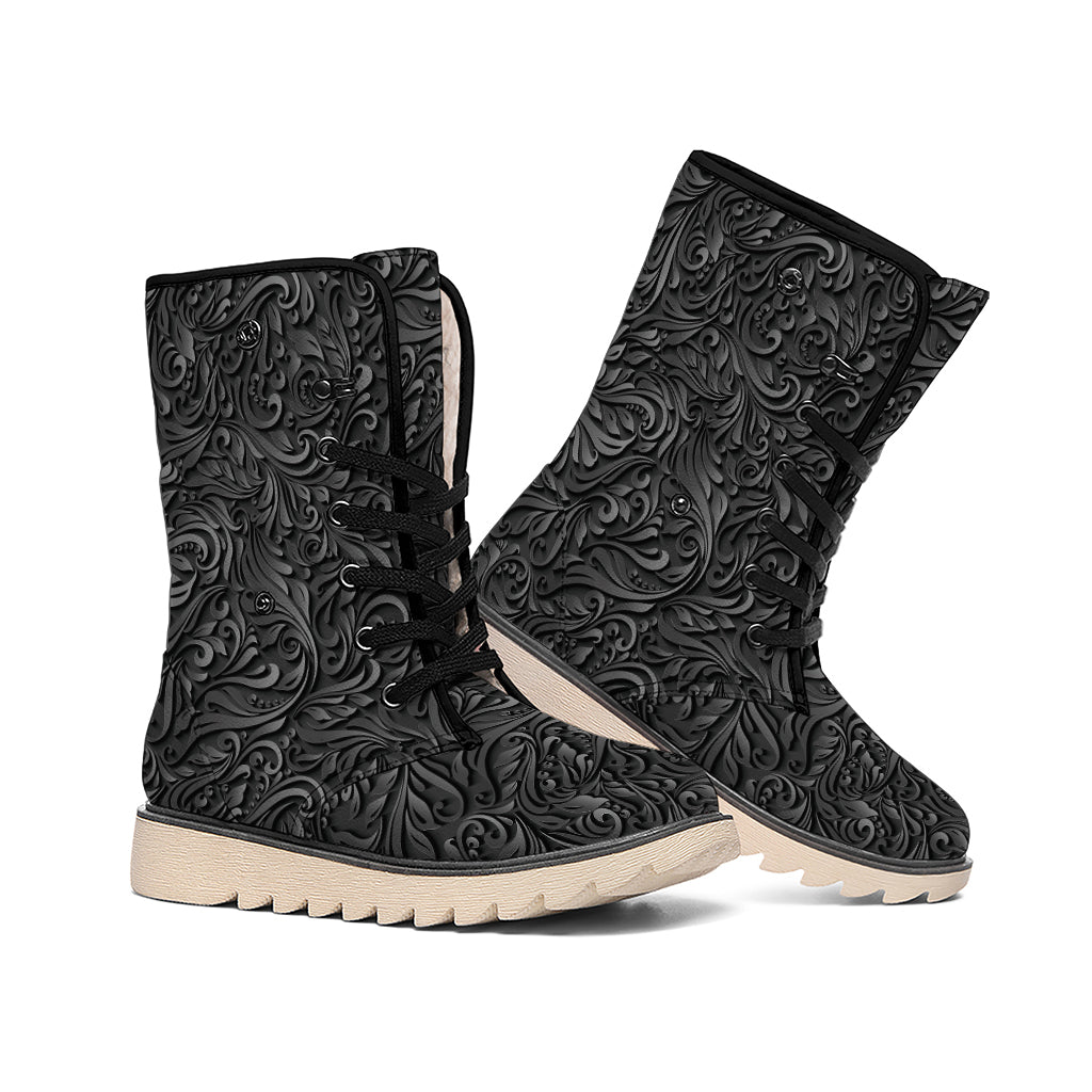 Black Western Damask Floral Print Winter Boots