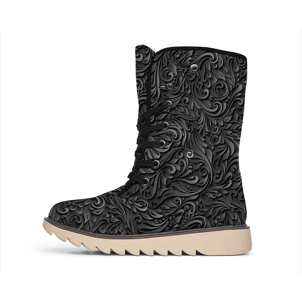 Black Western Damask Floral Print Winter Boots