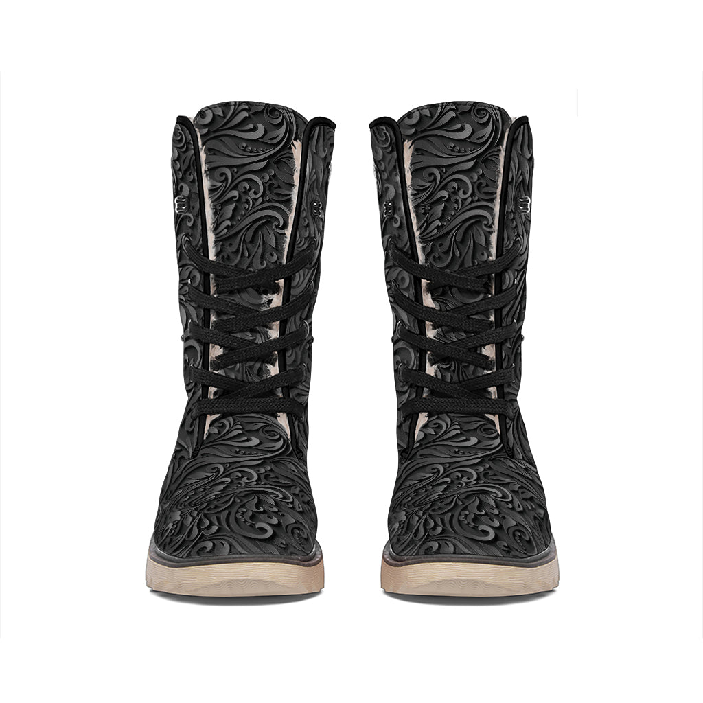 Black Western Damask Floral Print Winter Boots