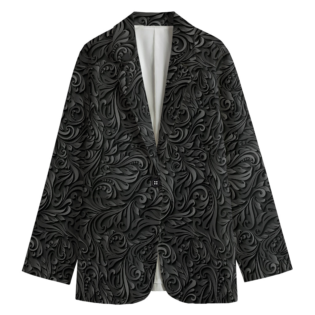 Black Western Damask Floral Print Women's Cotton Blazer