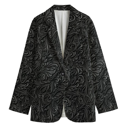 Black Western Damask Floral Print Women's Cotton Blazer