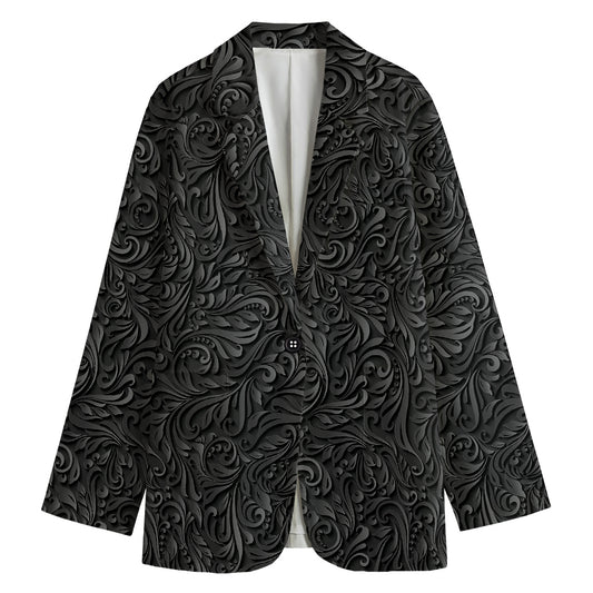 Black Western Damask Floral Print Women's Cotton Blazer